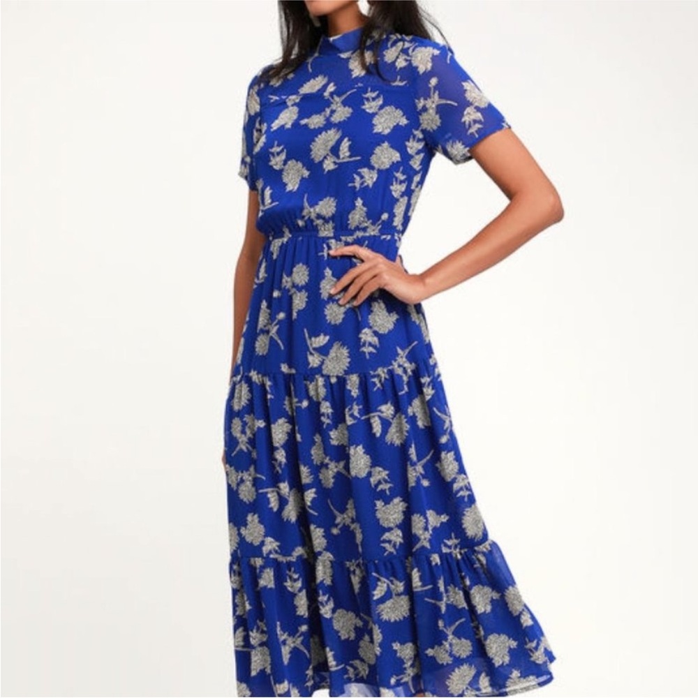 lulus Floral Dressed Up Royal Blue Floral Print Midi Dress size XL